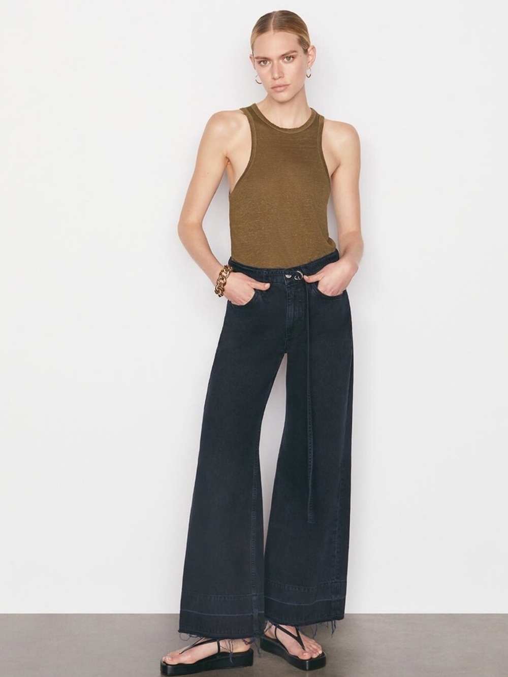 Frame Le Pixie High Rise Baggy Wide Leg Raw Hem Dark Wash Jeans Classic Denim